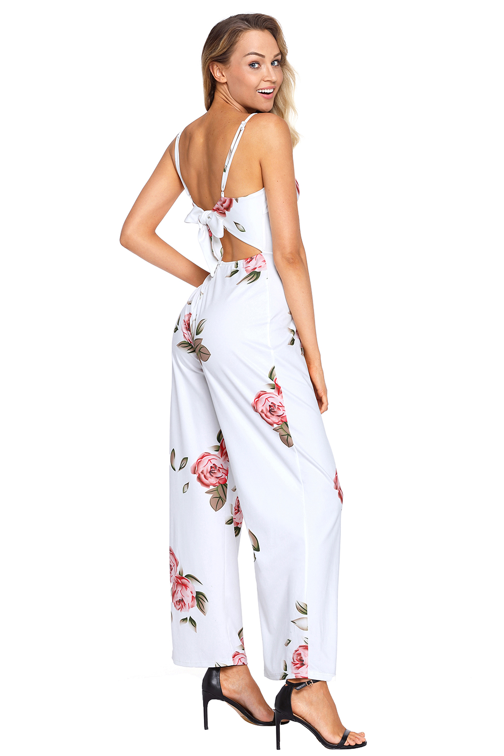 BY64382-1 Navy Blue Floral Print Wide Leg Jumpsuit